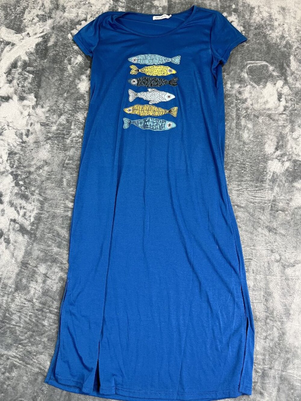 Misslook Womens Blue Fish Graphic Short Sleeve Maxi Dress M